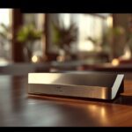 Primer plano de un elegante dispositivo de audio minimalista sobre una mesa de madera, representando el nuevo hardware de voz de OpenAI.