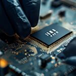 Primer plano detallado de un chip de procesamiento de Nvidia de última generación sostenido por un técnico en un laboratorio de alta tecnología.