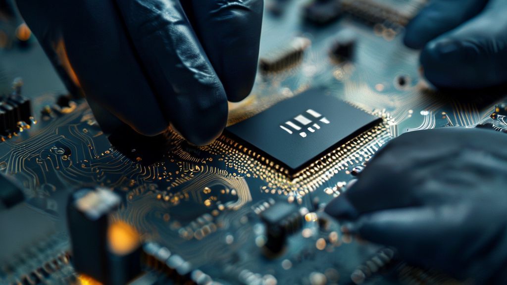 Primer plano detallado de un chip de procesamiento de Nvidia de última generación sostenido por un técnico en un laboratorio de alta tecnología.