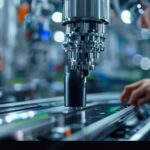 Primer plano de una línea de ensamblaje automatizada de alta tecnología en una planta industrial moderna con sensores ópticos.