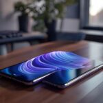 iPhone con interfaz de inteligencia artificial avanzada sobre un escritorio profesional de madera.