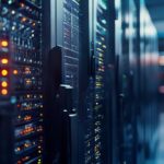 Servidores de alta gama en un centro de datos procesando inteligencia artificial bajo iluminación profesional de estilo editorial.