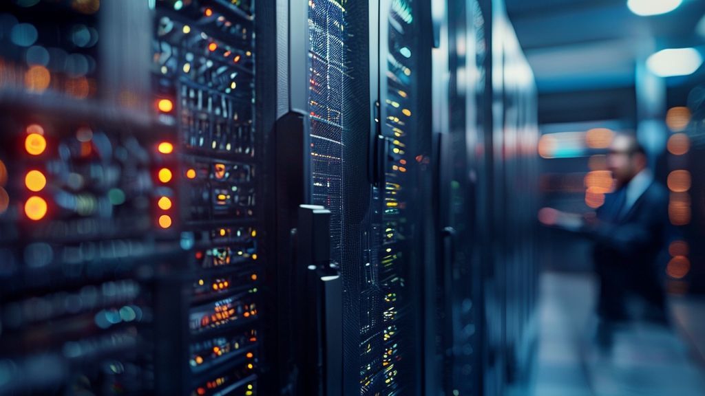 Servidores de alta gama en un centro de datos procesando inteligencia artificial bajo iluminación profesional de estilo editorial.