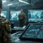 Terminal de computación táctica en un centro de mando militar mostrando una interfaz de inteligencia artificial avanzada.
