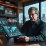 Retrato profesional de Bill Gates analizando datos de impacto social en una oficina moderna.
