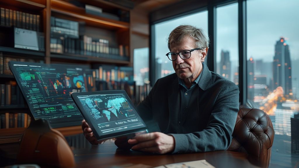 Retrato profesional de Bill Gates analizando datos de impacto social en una oficina moderna.