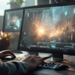 Editor de video utilizando la interfaz de Google Veo IA de vídeo en un estudio profesional.