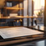 Tableta digital sobre un escritorio de oficina moderno mostrando el documento de la Constitución de IA de Anthropic bajo una luz cálida y profesional.