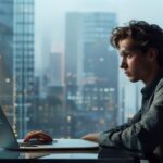 Joven profesional preocupado frente a un ordenador en una oficina moderna, representando el impacto de la IA en el empleo y la incertidumbre económica.