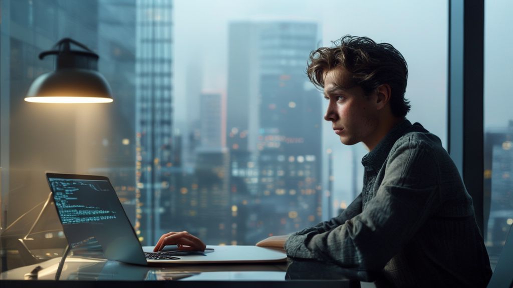 Joven profesional preocupado frente a un ordenador en una oficina moderna, representando el impacto de la IA en el empleo y la incertidumbre económica.