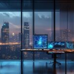 Estación de trabajo avanzada mostrando la arquitectura del modelo de IA Baidu Ernie 5.0 en un laboratorio de investigación profesional.