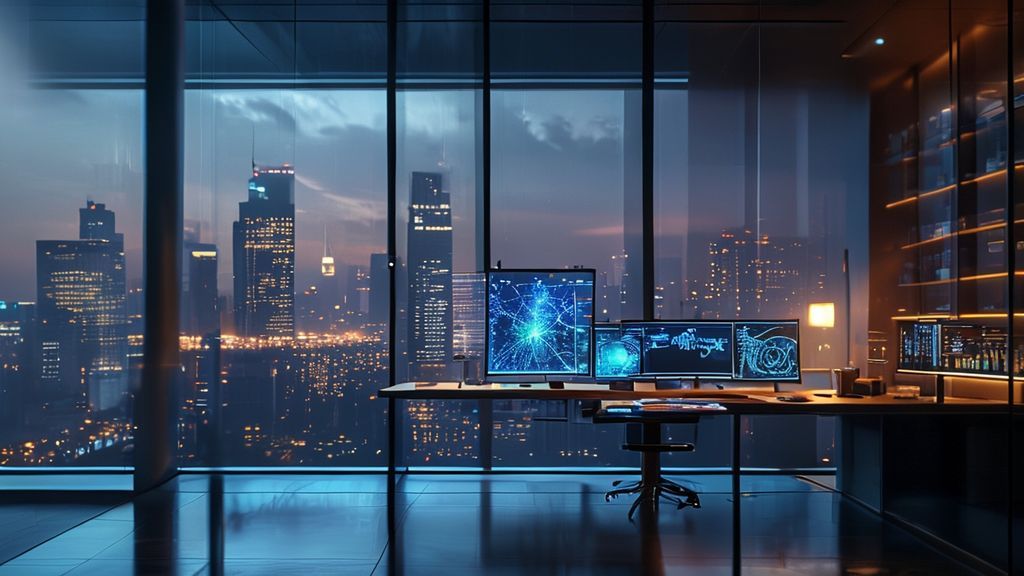 Estación de trabajo avanzada mostrando la arquitectura del modelo de IA Baidu Ernie 5.0 en un laboratorio de investigación profesional.