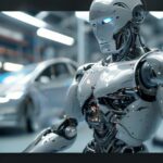 Primer plano detallado del robot Optimus de Tesla en una línea de ensamblaje con un vehículo Model S desenfocado al fondo.