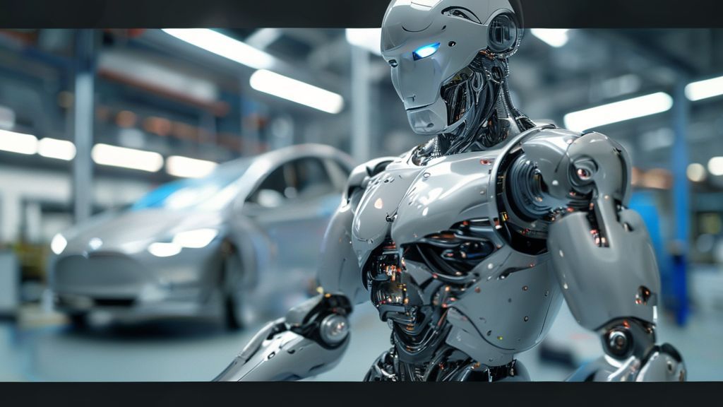 Primer plano detallado del robot Optimus de Tesla en una línea de ensamblaje con un vehículo Model S desenfocado al fondo.