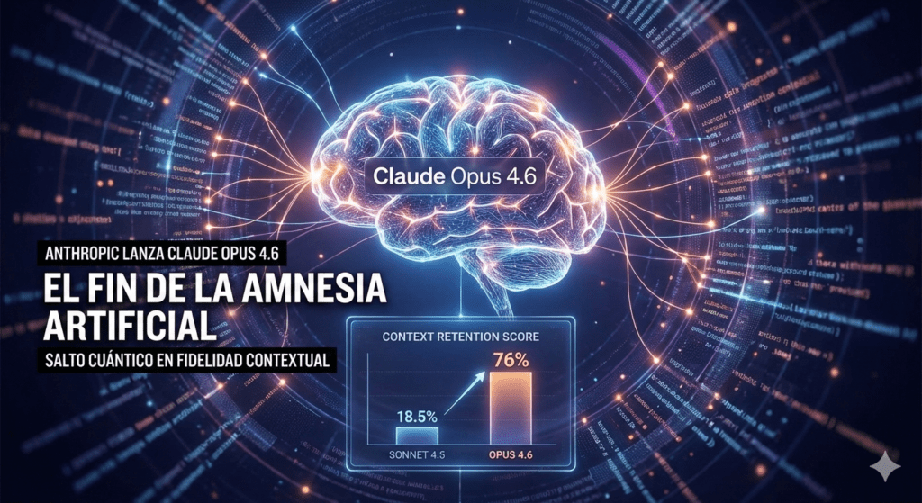 Infografía de Claude Opus 4.6 de Anthropic que muestra un cerebro digital iluminado y una gráfica comparativa donde Opus 4.6 alcanza un 76% de retención de contexto frente al 18.5% de Sonnet 4.5.