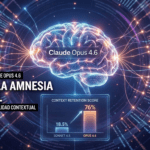 Infografía de Claude Opus 4.6 de Anthropic que muestra un cerebro digital iluminado y una gráfica comparativa donde Opus 4.6 alcanza un 76% de retención de contexto frente al 18.5% de Sonnet 4.5.