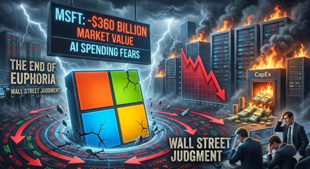 El Ocaso de la Euforia: Wall Street Dicta Sentencia sobre el Gasto en IA de Microsoft La imagen ilustra el dramático desplome de Microsoft, que vio evaporarse 360.000 millones de dólares de su valor de mercado en un solo día. Este evento marca "El Fin de la Euforia" en torno a la inteligencia artificial, impulsado por los crecientes temores de los inversores sobre el gasto masivo de la compañía. El gráfico bursátil en caída libre y el dinero etiquetado como "CapEx" (Gasto de Capital) ardiendo en el fondo simbolizan la preocupación del mercado: ¿está la inversión en infraestructura de IA justificando sus costos? Wall Street ha emitido su juicio, señalando que la paciencia con el "crecimiento a cualquier precio" se ha agotado y que se exigirán resultados tangibles para respaldar las valoraciones futuras