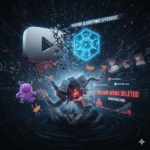 Ilustración surrealista de temática tecnológica que muestra el logo de YouTube rompiéndose, junto al texto "4.7 Billion Views Deleted" y una gráfica de ingresos en caída. En el centro, un monstruo mecánico hecho de servidores emerge de un vórtice digital oscuro.