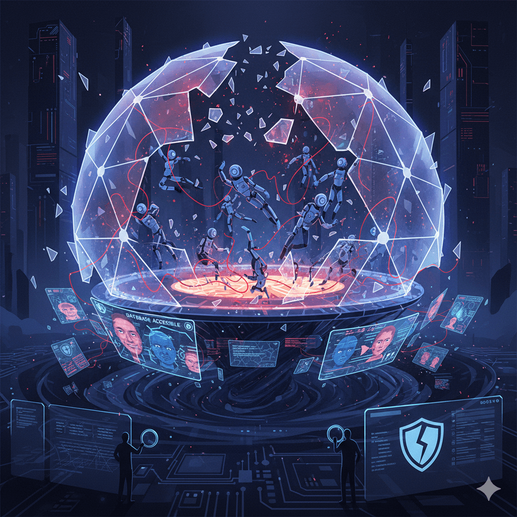 Concepto artístico del colapso de la red social de IA Moltbook y sus fallos de seguridad cibernética.