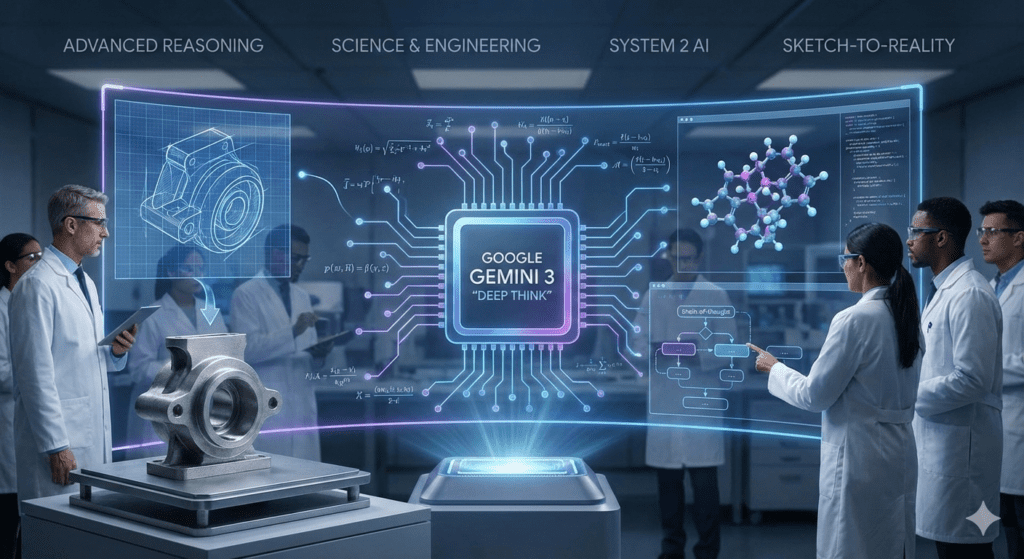Representación conceptual de Google Gemini 3 'Deep Think' en un laboratorio de alta tecnología. Ingenieros con batas blancas interactúan con una interfaz holográfica central que muestra procesos de razonamiento avanzado, estructuras moleculares y un diseño mecánico en 3D, ilustrando la transición del boceto a la realidad física.