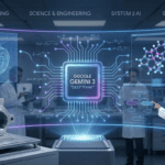 Representación conceptual de Google Gemini 3 'Deep Think' en un laboratorio de alta tecnología. Ingenieros con batas blancas interactúan con una interfaz holográfica central que muestra procesos de razonamiento avanzado, estructuras moleculares y un diseño mecánico en 3D, ilustrando la transición del boceto a la realidad física.