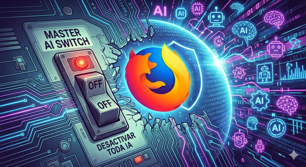 Firefox añade controles de privacidad para desactivar funciones de inteligencia artificial: imagen conceptual de un interruptor maestro apagando algoritmos de IA y bots para proteger la navegación del usuario.