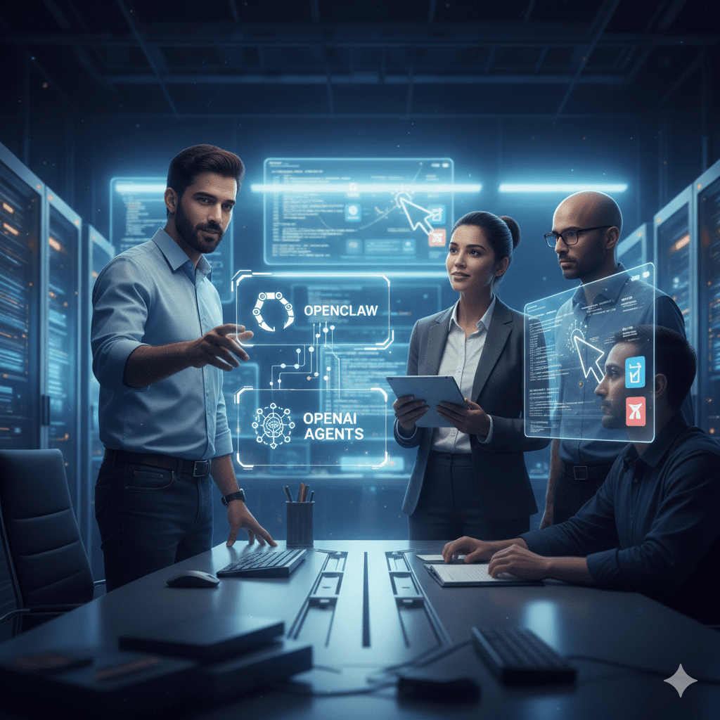Imagen de estilo futurista que muestra a un equipo de profesionales en un centro de datos colaborando con interfaces digitales flotantes. En el centro, se destacan dos iconos holográficos que conectan los conceptos 'OpenClaw' y 'OpenAI Agents', simbolizando la integración de herramientas de automatización y agentes de inteligencia artificial personal.