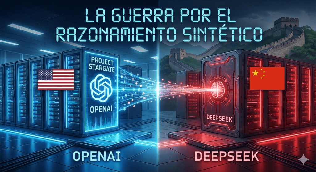Ilustración digital que representa la "Guerra por el Razonamiento Sintético" en el conflicto OpenAI vs DeepSeek. A la izquierda, servidores de OpenAI y el Proyecto Stargate con la bandera de EE. UU.; a la derecha, servidores de DeepSeek con la bandera de China y la Gran Muralla, absorbiendo un flujo de datos proveniente del lado estadounidense.