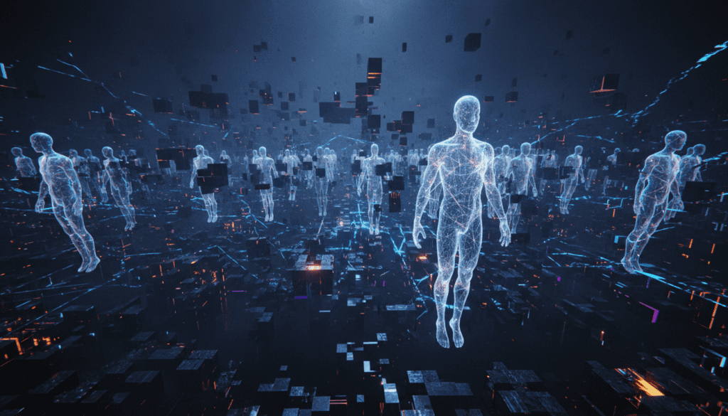 Ilustración conceptual de una red digital colapsando con siluetas de IA duplicadas y estructuras de código rotas en un entorno futurista oscuro.