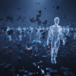 Ilustración conceptual de una red digital colapsando con siluetas de IA duplicadas y estructuras de código rotas en un entorno futurista oscuro.