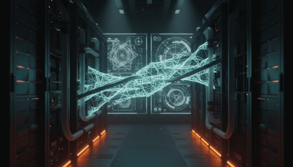 Futuristic visualization of AI light structures merging with server hardware in a data center, representing self-improving programming and assisted recursivity.