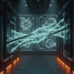 Futuristic visualization of AI light structures merging with server hardware in a data center, representing self-improving programming and assisted recursivity.