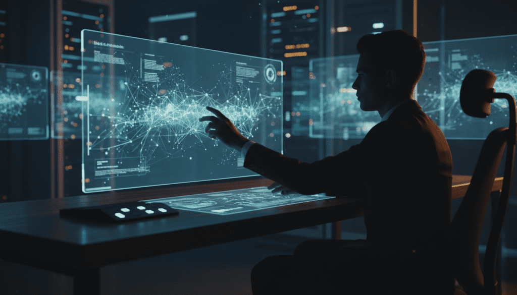 Fotografía editorial de una interfaz tecnológica abstracta que simboliza la integración de publicidad en sistemas de inteligencia artificial.