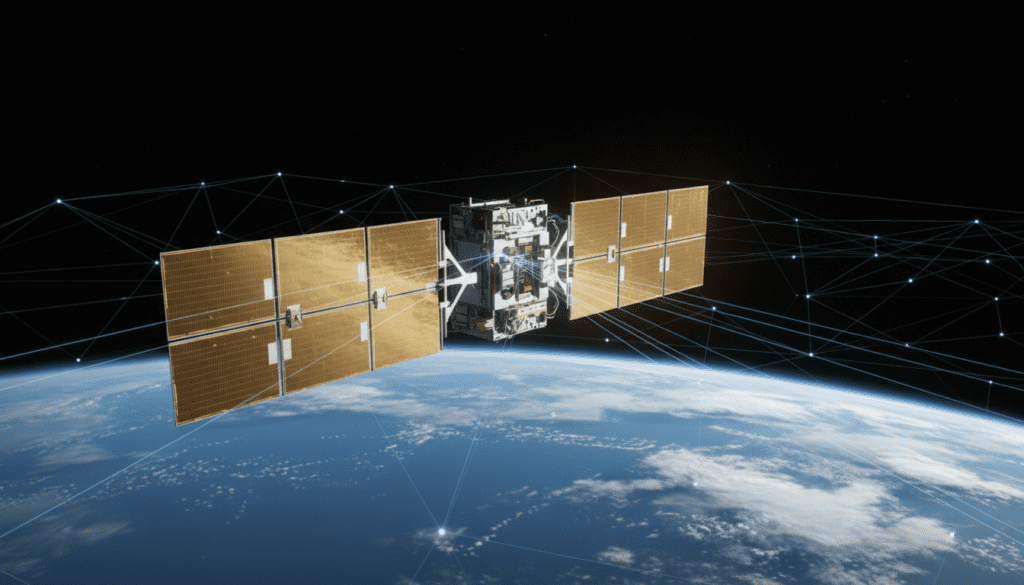 Advanced orbital AI server satellite orbiting Earth with solar panels and laser links, representing the SpaceX and xAI computing merger.