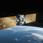 Advanced orbital AI server satellite orbiting Earth with solar panels and laser links, representing the SpaceX and xAI computing merger.