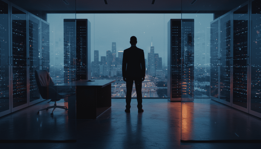 Fotografía editorial dramática de un experto en IA en una oficina tecnológica oscura representando la crisis de seguridad y la renuncia en Anthropic