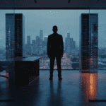 Fotografía editorial dramática de un experto en IA en una oficina tecnológica oscura representando la crisis de seguridad y la renuncia en Anthropic