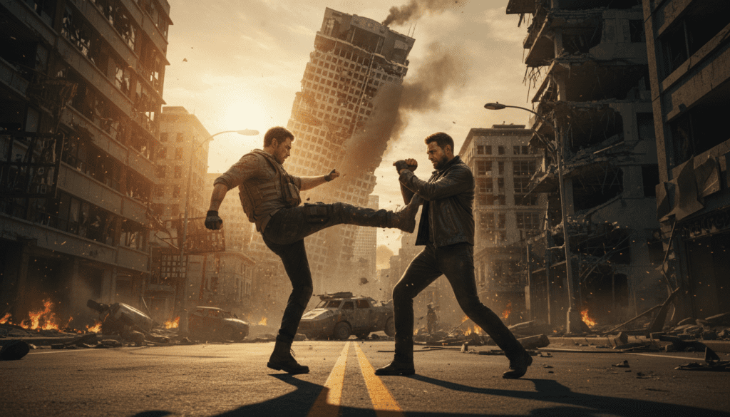Escena de película de acción en un entorno apocalíptico generada por inteligencia artificial con calidad fotorrealista indistinguible de la realidad.