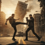 Escena de película de acción en un entorno apocalíptico generada por inteligencia artificial con calidad fotorrealista indistinguible de la realidad.