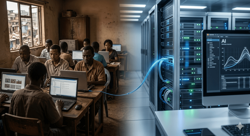 Una imagen conceptual que ilustra el costo humano de la inteligencia artificial, mostrando a un grupo de personas en una oficina de datos en Kenia trabajando en computadoras portátiles conectadas mediante un cable brillante a una sala de servidores de IA en el Sur Global