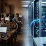 Una imagen conceptual que ilustra el costo humano de la inteligencia artificial, mostrando a un grupo de personas en una oficina de datos en Kenia trabajando en computadoras portátiles conectadas mediante un cable brillante a una sala de servidores de IA en el Sur Global