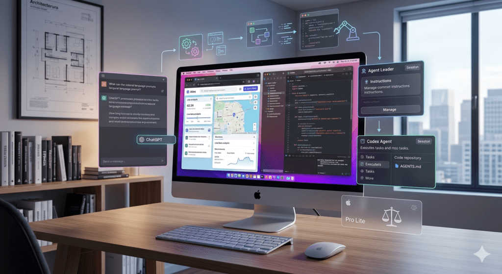 Renderizado en 3D de un moderno ordenador de escritorio que visualiza la superapp unificada de OpenAI en acción. La pantalla principal muestra un flujo de trabajo agéntico completo: a la izquierda, una interfaz de chat con el logo de OpenAI procesa instrucciones; en el centro, el navegador Atlas muestra mapas y análisis web en vivo; y a la derecha, un entorno de desarrollo integrado (IDE) con el logo de Codex genera y depura código Python. Múltiples ventanas flotantes y gráficos de flujo de datos demuestran la automatización de extremo a extremo, incluyendo etiquetas específicas como 'Agent Leader' gestionando tareas y 'Codex Agent' ejecutando código. En la esquina inferior derecha, una tarjeta transparente con el logo de una balanza y el texto 'Pro Lite' representa el nuevo nivel de suscripción. El monitor Apple Studio Display está sobre una mesa de madera limpia en una oficina con un plano arquitectónico en la pared y una vista de la ciudad por la ventana, simbolizando un entorno de trabajo profesional de alto rendimiento.