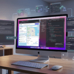 Renderizado en 3D de un moderno ordenador de escritorio que visualiza la superapp unificada de OpenAI en acción. La pantalla principal muestra un flujo de trabajo agéntico completo: a la izquierda, una interfaz de chat con el logo de OpenAI procesa instrucciones; en el centro, el navegador Atlas muestra mapas y análisis web en vivo; y a la derecha, un entorno de desarrollo integrado (IDE) con el logo de Codex genera y depura código Python. Múltiples ventanas flotantes y gráficos de flujo de datos demuestran la automatización de extremo a extremo, incluyendo etiquetas específicas como 'Agent Leader' gestionando tareas y 'Codex Agent' ejecutando código. En la esquina inferior derecha, una tarjeta transparente con el logo de una balanza y el texto 'Pro Lite' representa el nuevo nivel de suscripción. El monitor Apple Studio Display está sobre una mesa de madera limpia en una oficina con un plano arquitectónico en la pared y una vista de la ciudad por la ventana, simbolizando un entorno de trabajo profesional de alto rendimiento.