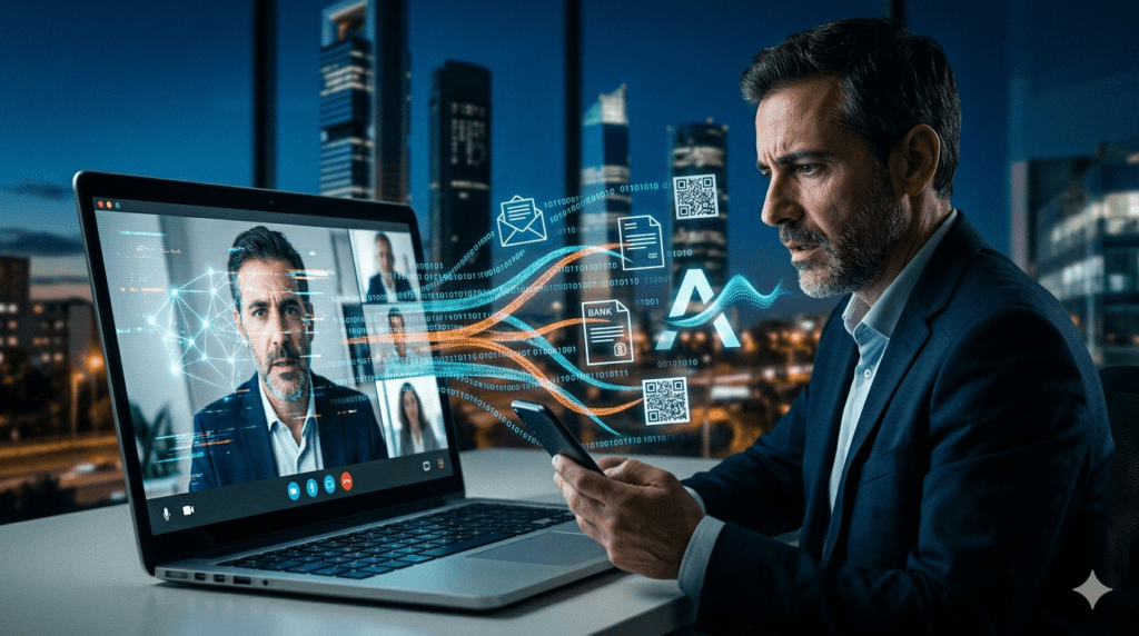 Fotografía conceptual de un profesional en 2026 enfrentando la IA en el cibercrimen. Se ve una videollamada donde su interlocutor es una clonación digital de sí mismo (deepfake), con datos binarios y phishing fluyendo de la pantalla. Representa la amenaza de la IA generativa para la identidad digital y la seguridad corporativa.