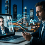 Fotografía conceptual de un profesional en 2026 enfrentando la IA en el cibercrimen. Se ve una videollamada donde su interlocutor es una clonación digital de sí mismo (deepfake), con datos binarios y phishing fluyendo de la pantalla. Representa la amenaza de la IA generativa para la identidad digital y la seguridad corporativa.