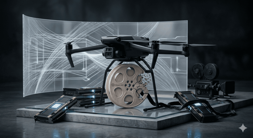 Imagen conceptual de un dron y hardware tecnológico de OpenAI, ilustrando el colapso estratégico y el cierre de Sora en el mercado de la IA.