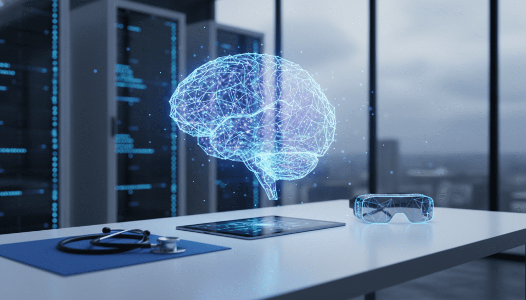 Ilustración realista de un cerebro digital y un estetoscopio representando la IA Google consejos médicos y la salud digital