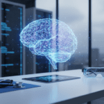 Ilustración realista de un cerebro digital y un estetoscopio representando la IA Google consejos médicos y la salud digital