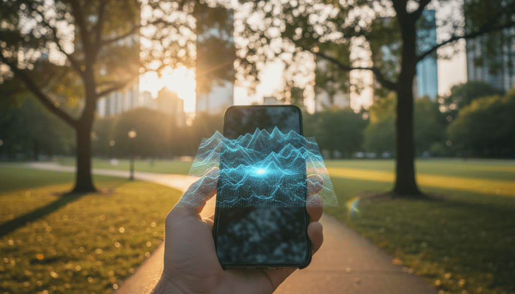 Persona sosteniendo un smartphone con un mapa holográfico 3D, ilustrando la base de datos IA geoespacial de Pokémon GO.