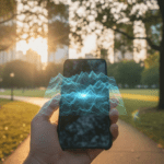 Persona sosteniendo un smartphone con un mapa holográfico 3D, ilustrando la base de datos IA geoespacial de Pokémon GO.